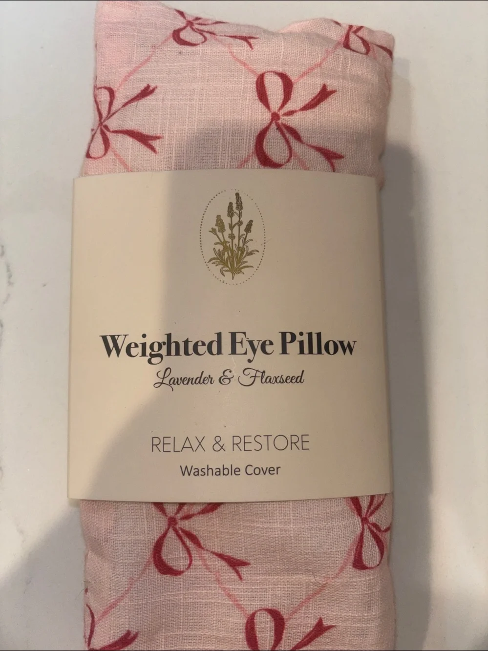 Weighted Eye Pillow - Pink with Red Bow Print - Lavender & Flaxseed Blend
